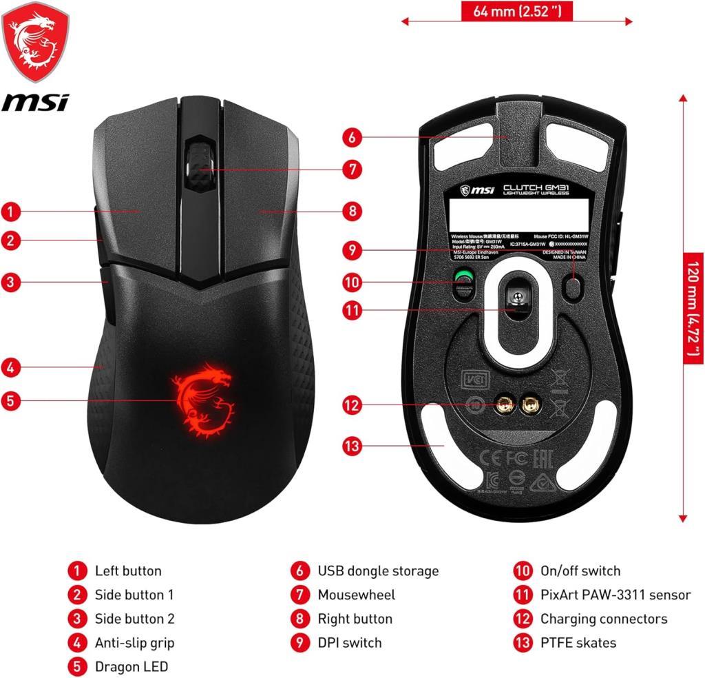 MSI Clutch GM31 Lightweight RGB Rechargeable Ergonomic Optical Wireless Gaming Mouse