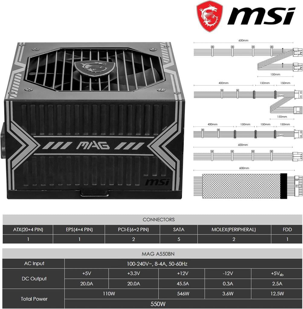 MSI MAG A550BNL 550 W Power Supply Outlet