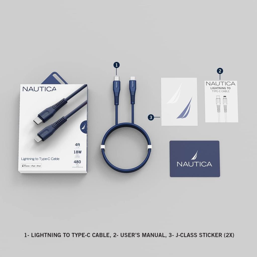 Nautica USB C - Lightning Kablosu, Tip C - Yıldırım Kablosu, USB C Şarj Cihazı, MFi Onaylı, Hızlı Şarj Cihazı, iPhone 13/12 Pro Max/11/X/XS/XR, iPad, AirPod, 4 Ft. (Lacivert) için Şarj Kablosu