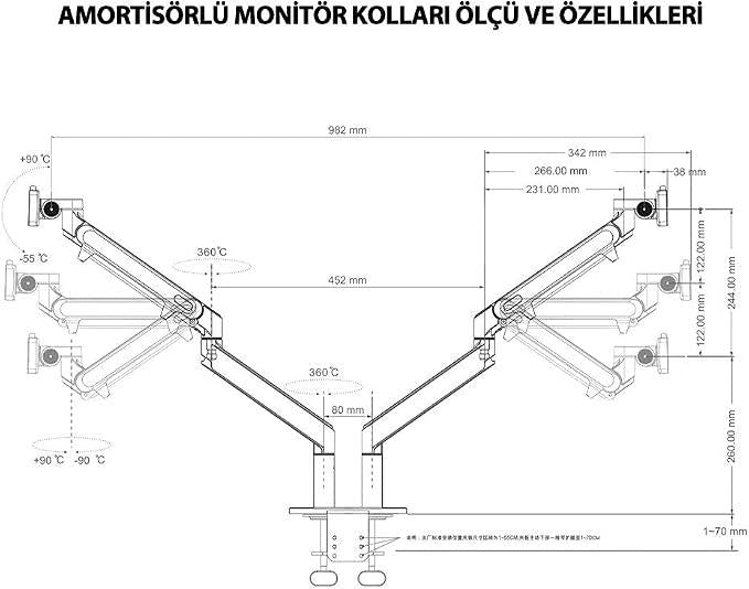 Npo STD7080G Siyah 10-27 inç İki Kollu Amortisörlü Monitör Standı - OUTLET