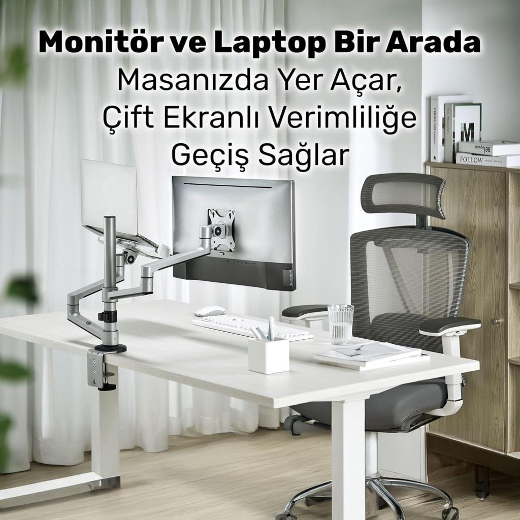 Yıldızan NPO STD72024MLG 17-32" Monitör 11-17" Laptop Destekli Stand, Alüminyum İkili Kol, Ergonomik Yüksekli - Outlet