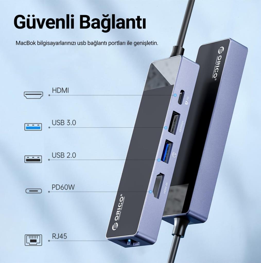 Orico Type-C PD100W HDMI 4K 30 Hz RJ45 SD TF 5 Gbps Type-C 4 USB-A Portlu Çoklayıcı Hub - TEŞHİR