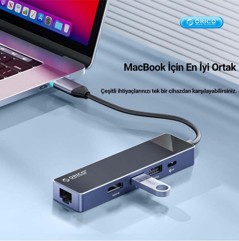 Orico Type-C PD100W HDMI 4K 30 Hz RJ45 SD TF 5 Gbps Type-C 4 USB-A Portlu Çoklayıcı Hub - TEŞHİR