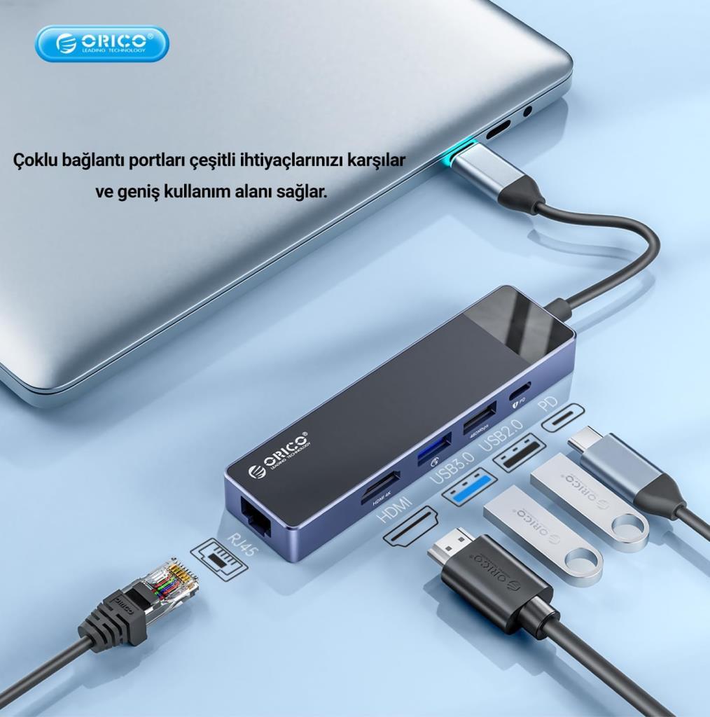 Orico Type-C PD100W HDMI 4K 30 Hz RJ45 SD TF 5 Gbps Type-C 4 USB-A Portlu Çoklayıcı Hub - TEŞHİR