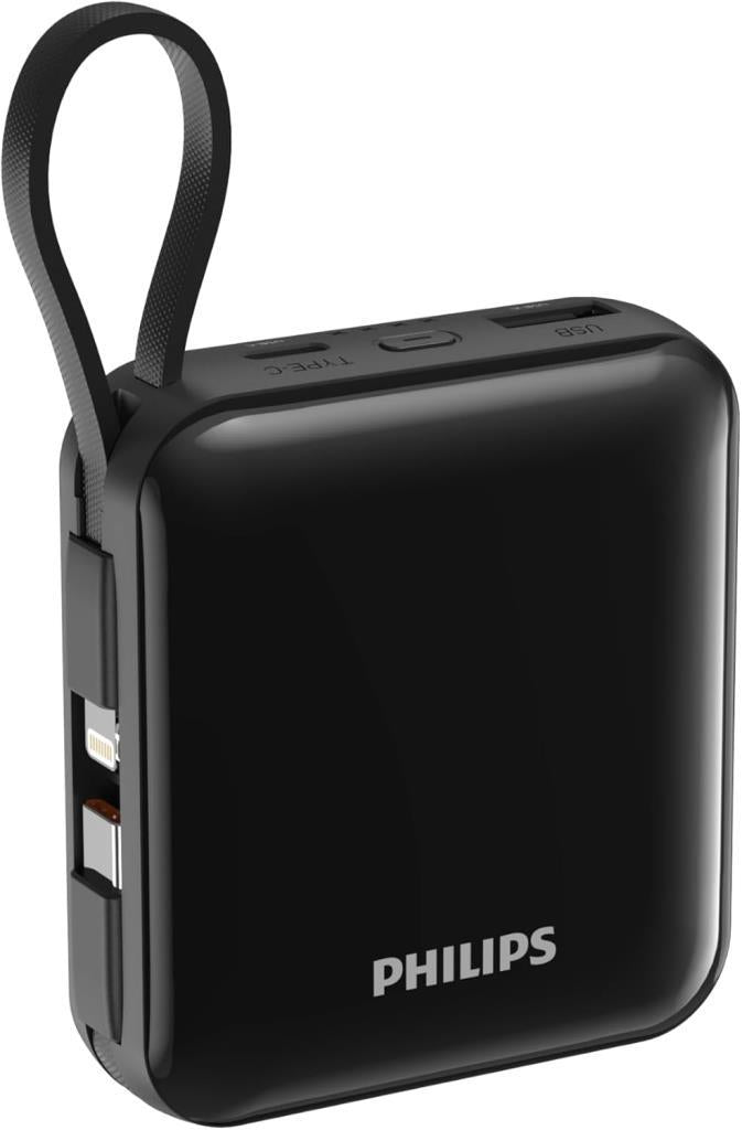 Philips DLP5713CB/00 10.000 mAh 22,5W USB-C ve Lightning Dahili Kablolu Hızlı Şarj Powerbank Siyah - Teşhir