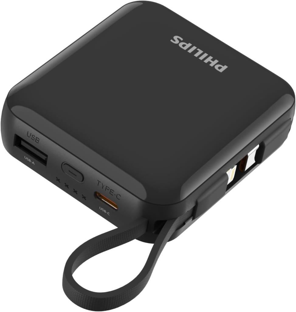 Philips DLP5713CB/00 10.000 mAh 22,5W USB-C ve Lightning Dahili Kablolu Hızlı Şarj Powerbank Siyah - Teşhir