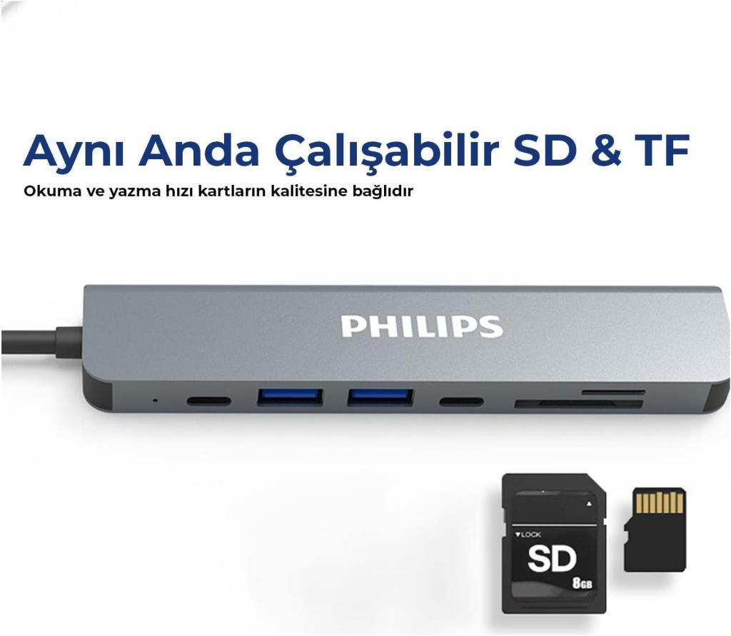 Philips Type C to PD 87W HDMI USB SD Micro SD Dönüştürücü Hub - Teşhir