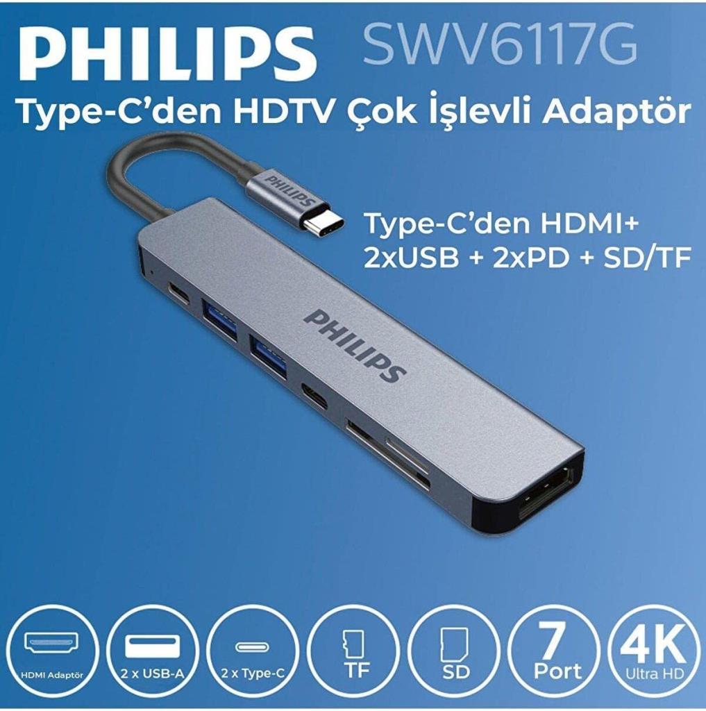 Philips Type C to PD 87W HDMI USB SD Micro SD Dönüştürücü Hub - Teşhir