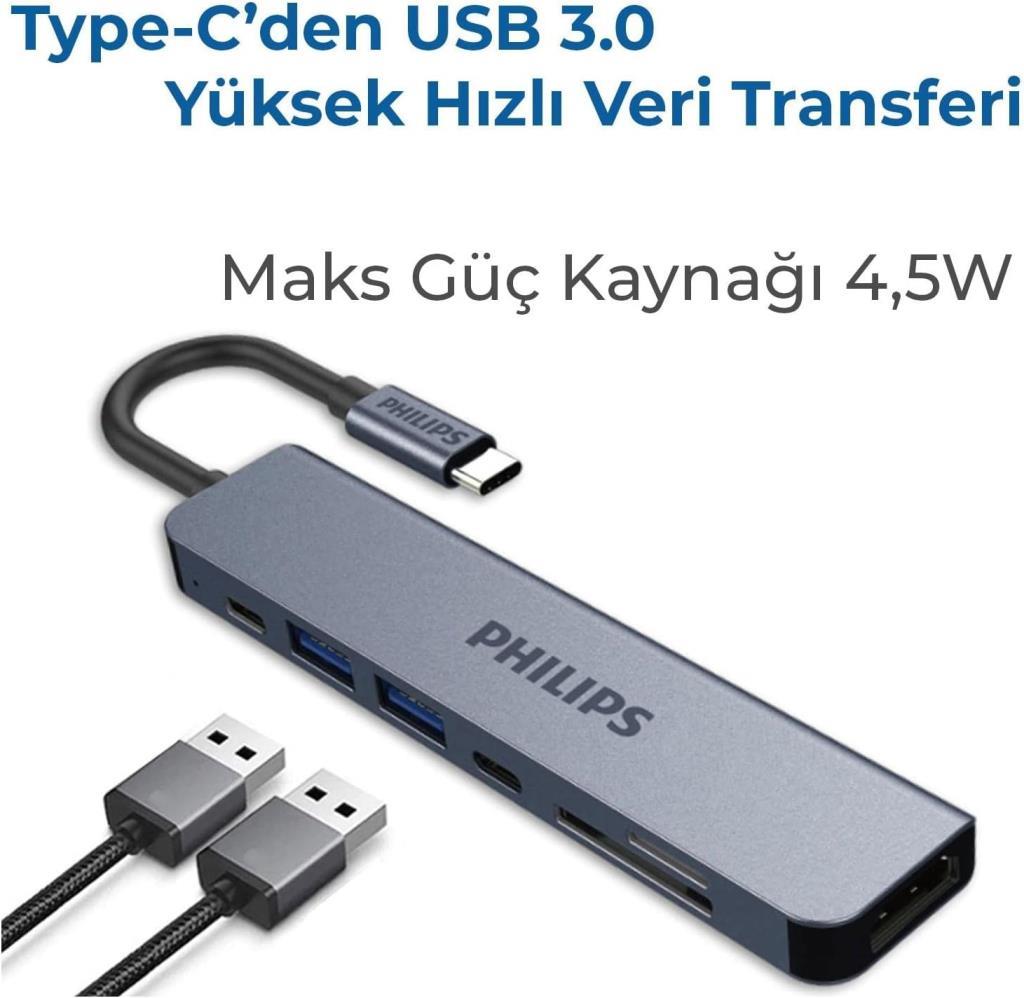 Philips Type C to PD 87W HDMI USB SD Micro SD Dönüştürücü Hub - Teşhir