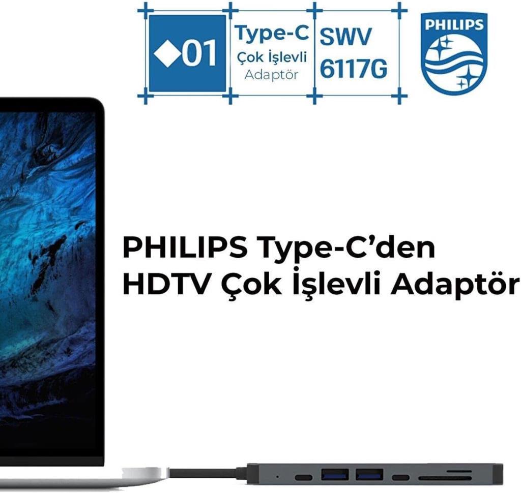 Philips Type C to PD 87W HDMI USB SD Micro SD Dönüştürücü Hub - Teşhir