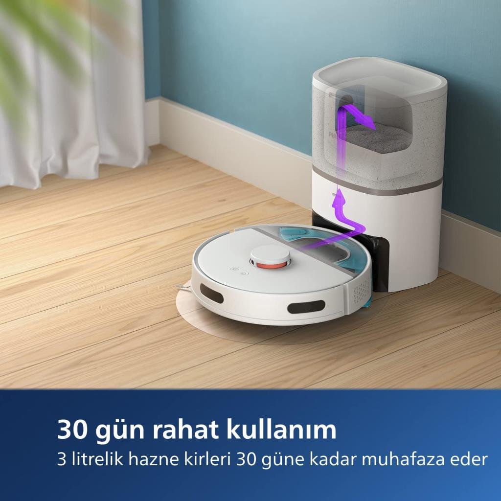 Philips HomeRun 3000 Serisi Aqua XU3110/02 Çöp İstasyonlu Beyaz Akıllı Robot Süpürge Teşhir