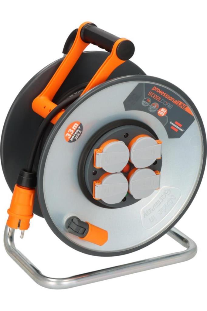 Brennenstuhl ProfessionalLINE SteelCore Serisi 5 Yıl Garantili IP44 Lisanslı Çelik Tambur Makaralı Kablo H07RN-F 3G2.5, 33 Metre Outlet