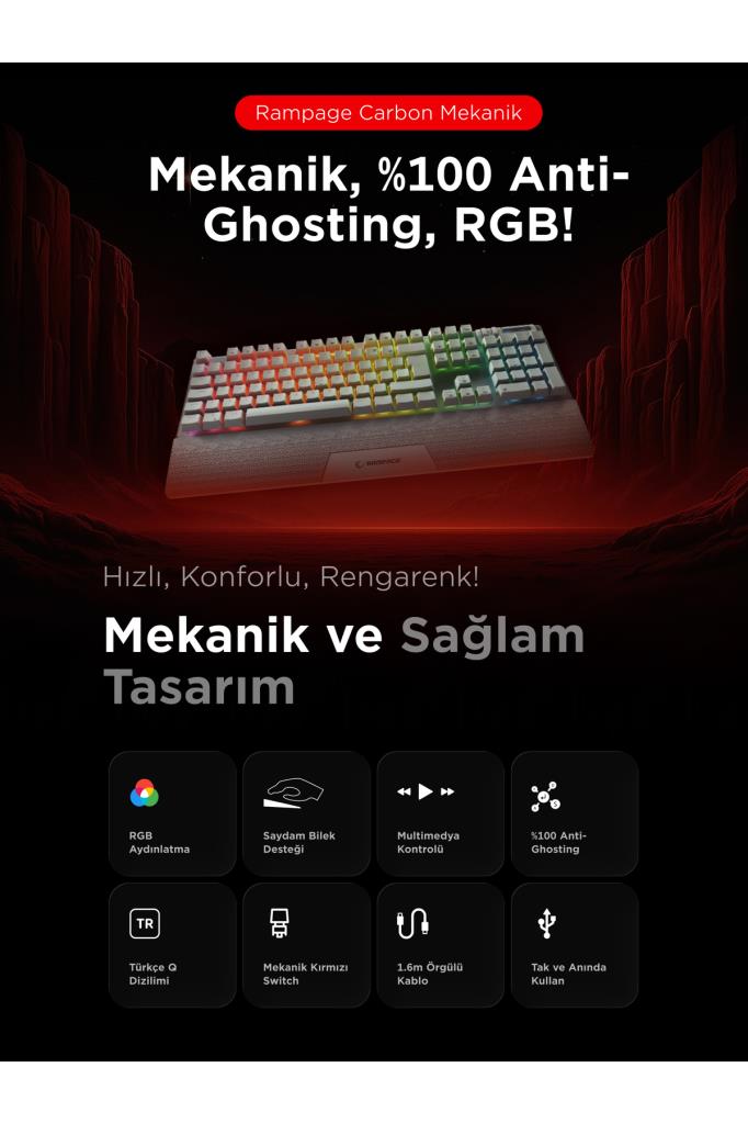 Rampage Carbon Beyaz RGB Red Switch Kablolu Mekanik Oyuncu Klavyesi Outlet