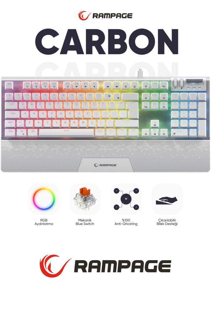 Rampage Carbon Beyaz RGB Red Switch Kablolu Mekanik Oyuncu Klavyesi Outlet