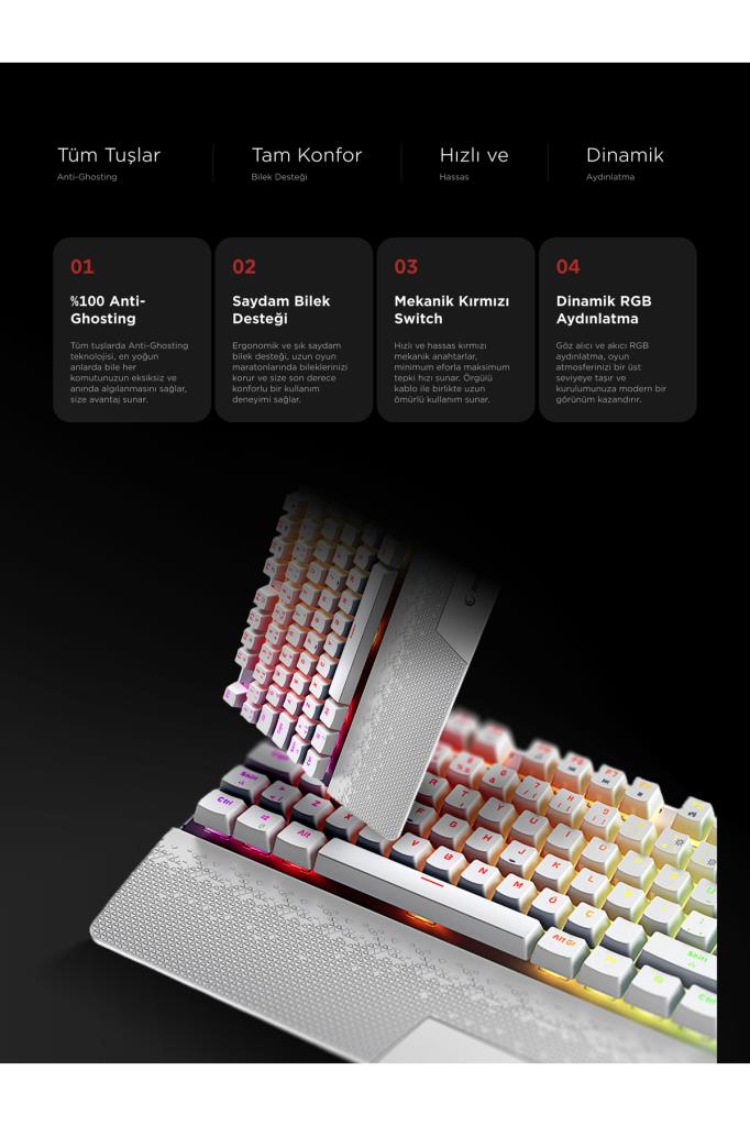 Rampage Carbon Beyaz RGB Red Switch Kablolu Mekanik Oyuncu Klavyesi Outlet