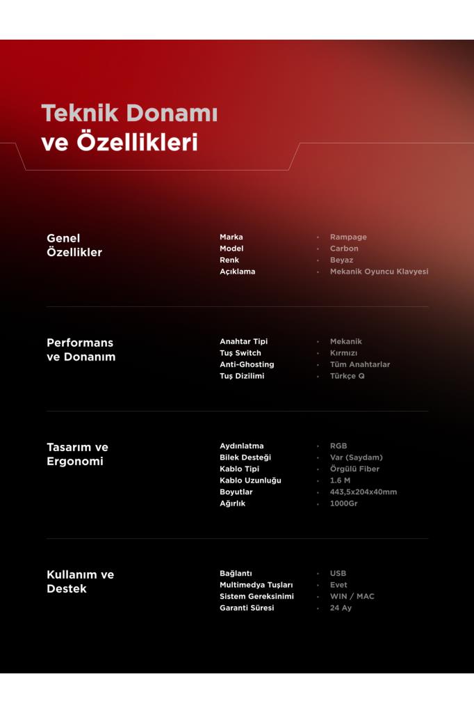 Rampage Carbon Beyaz RGB Red Switch Kablolu Mekanik Oyuncu Klavyesi Outlet