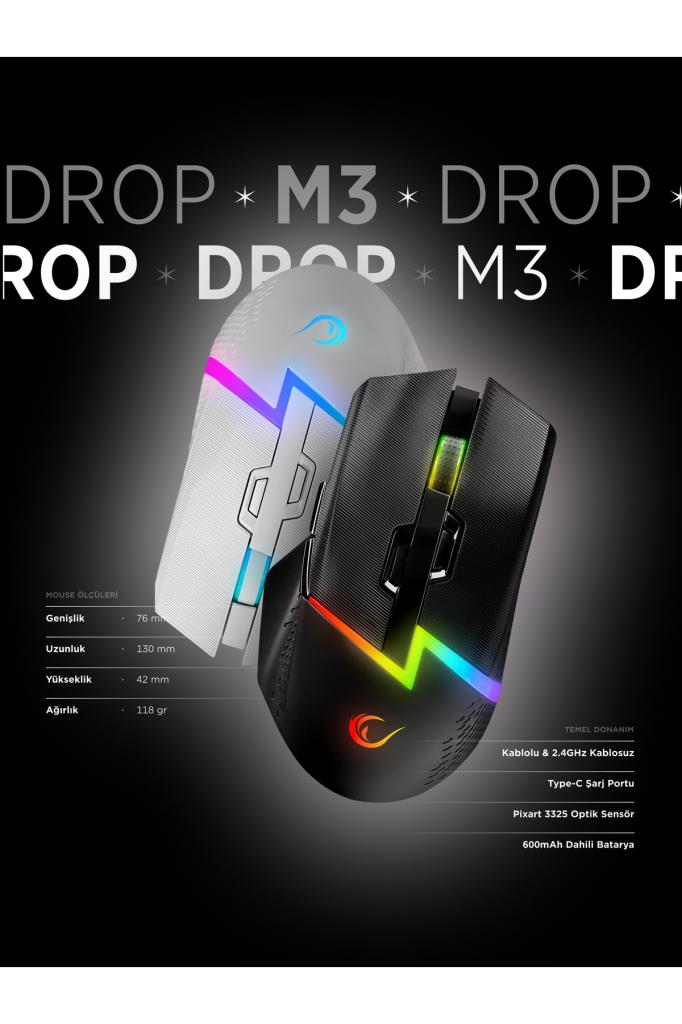 Rampage Drop M3 V2 Siyah RGB Şarjlı Optik Kablolu/Kablosuz Oyuncu Mouse