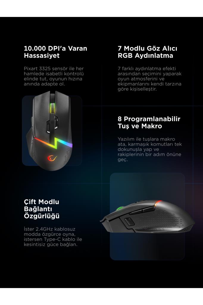 Rampage Drop M3 V2 Siyah RGB Şarjlı Optik Kablolu/Kablosuz Oyuncu Mouse