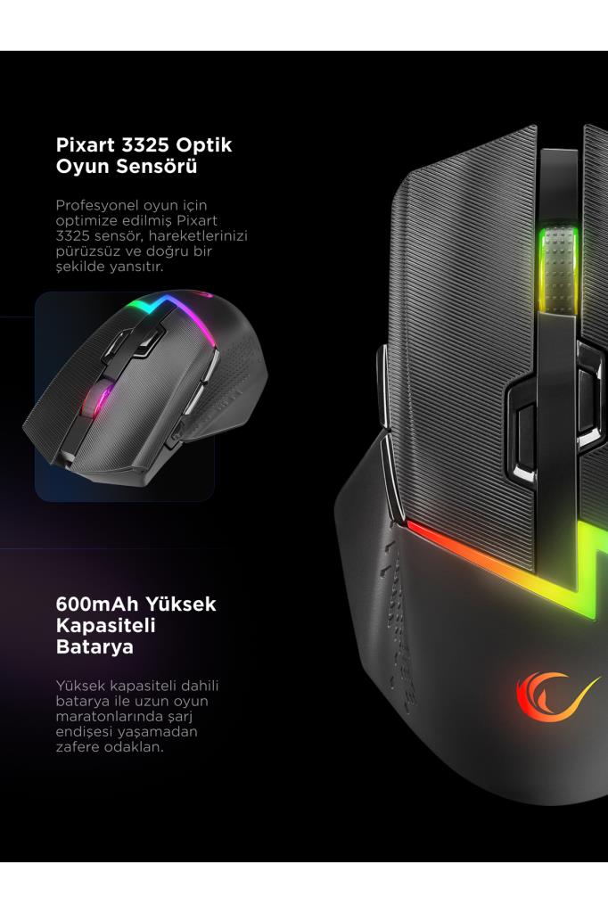 Rampage Drop M3 V2 Siyah RGB Şarjlı Optik Kablolu/Kablosuz Oyuncu Mouse