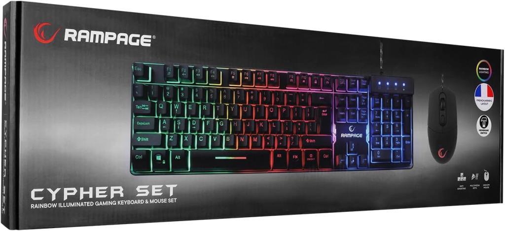 Rampage Siyah Usb Gökkuşağı Zemin Aydınlatmalı French/Arabic Layout Oyuncu Klavye + Mouse Set uyumlu Teşhir