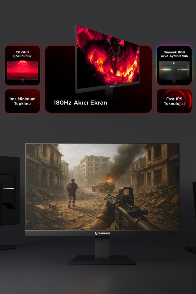 Rampage MIRACLE MC27RQ180 27'' 1 ms 2K Pivot IPS 180 Hz Oyuncu Monitörü Outlet