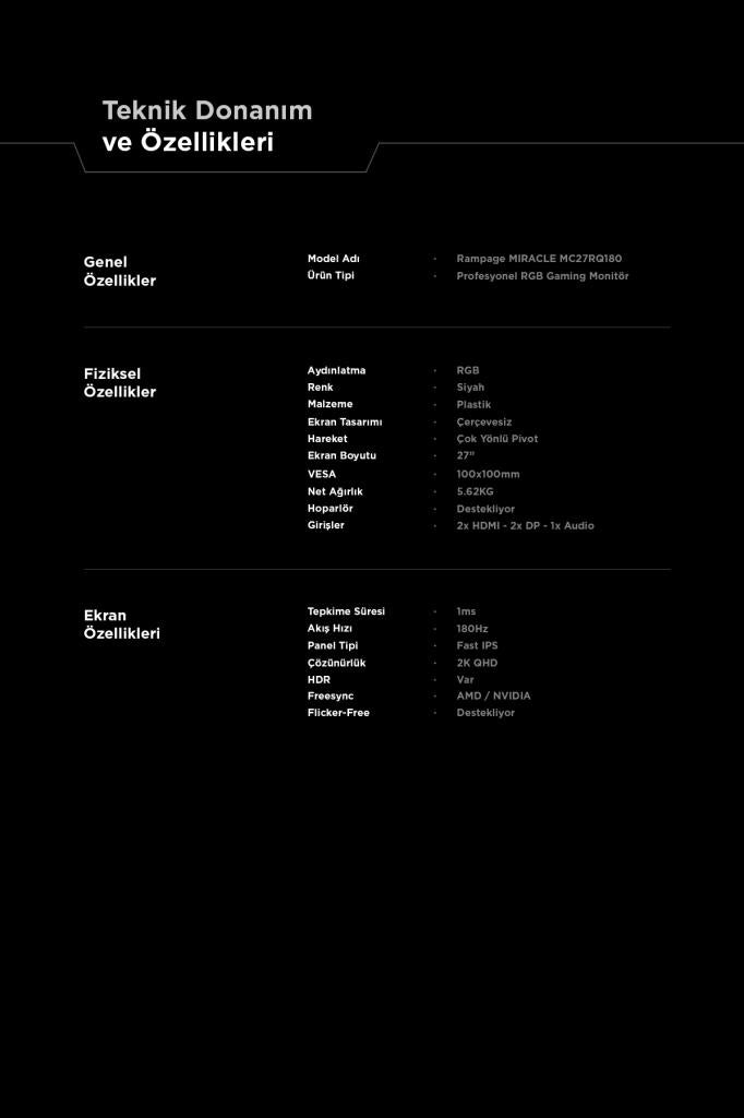 Rampage MIRACLE MC27RQ180 27'' 1 ms 2K Pivot IPS 180 Hz Oyuncu Monitörü Outlet
