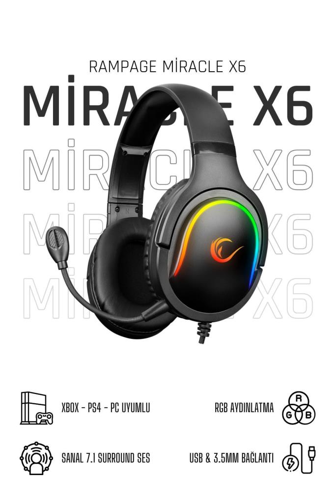 Rampage Miracle-X6 RGB USB Kablolu Kulak Üstü Oyuncu Kulaklığı Teşhir