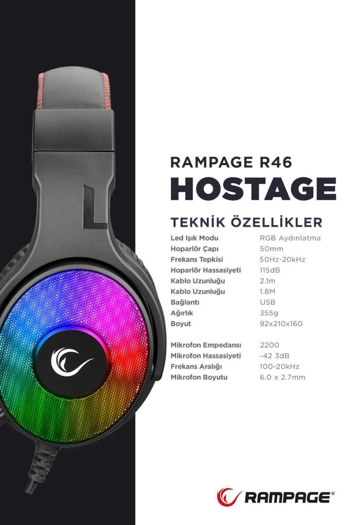 Rampage Hostage R46 RGB 7.1 USB Kablolu Kulak Üstü Oyuncu Kulaklığı Teşhir