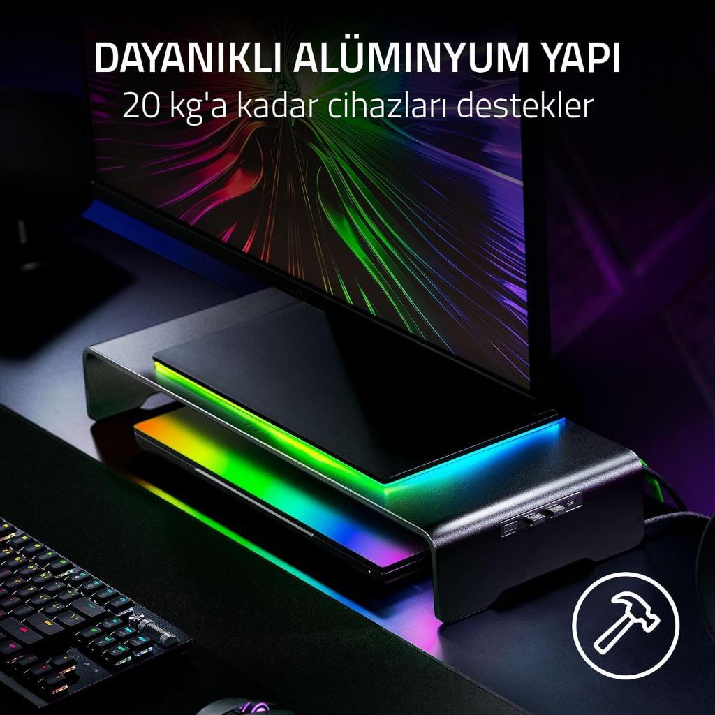 Razer Monitör Standı Chroma - Chroma RGB özellikli 4 yönlü USB-C hub'lı alüminyum monitör standı (50cm x 21cm x 7.85cm - TEŞHİR