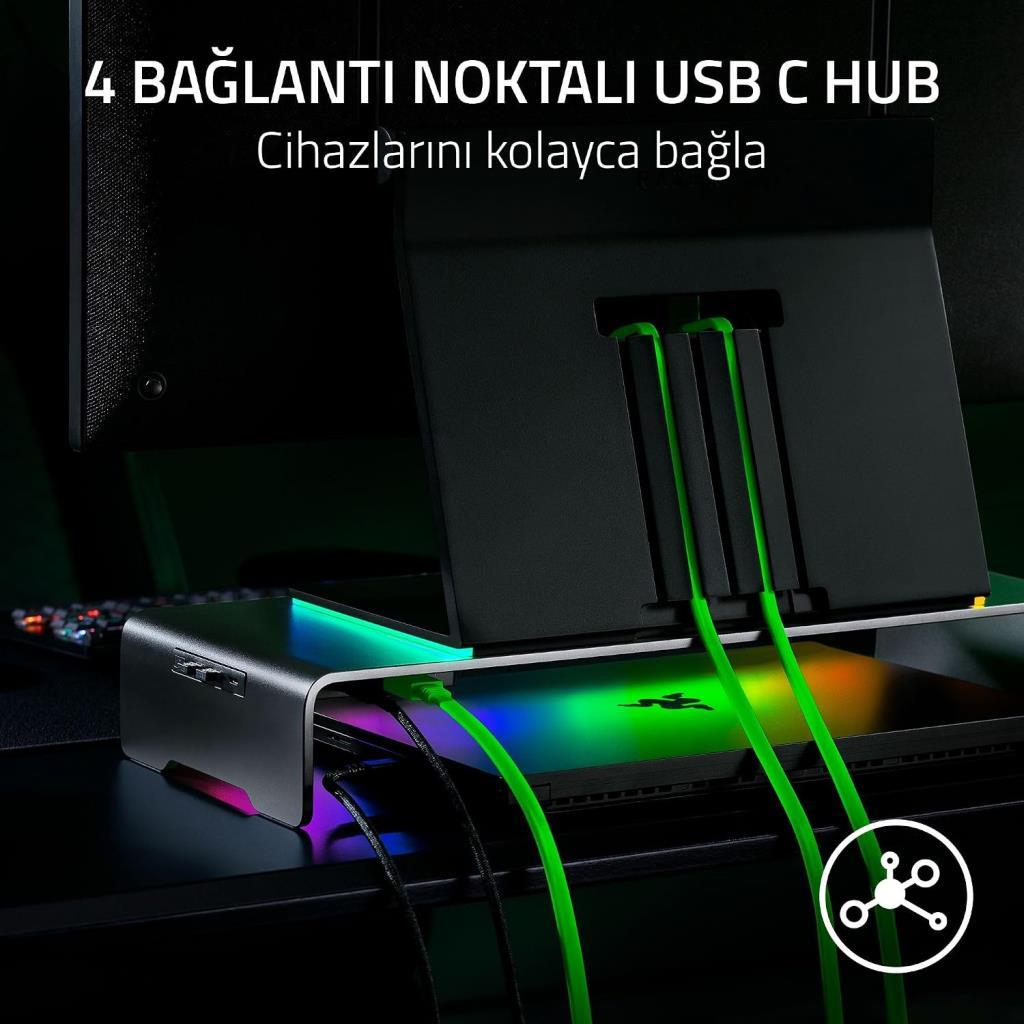Razer Monitör Standı Chroma - Chroma RGB özellikli 4 yönlü USB-C hub'lı alüminyum monitör standı (50cm x 21cm x 7.85cm - TEŞHİR