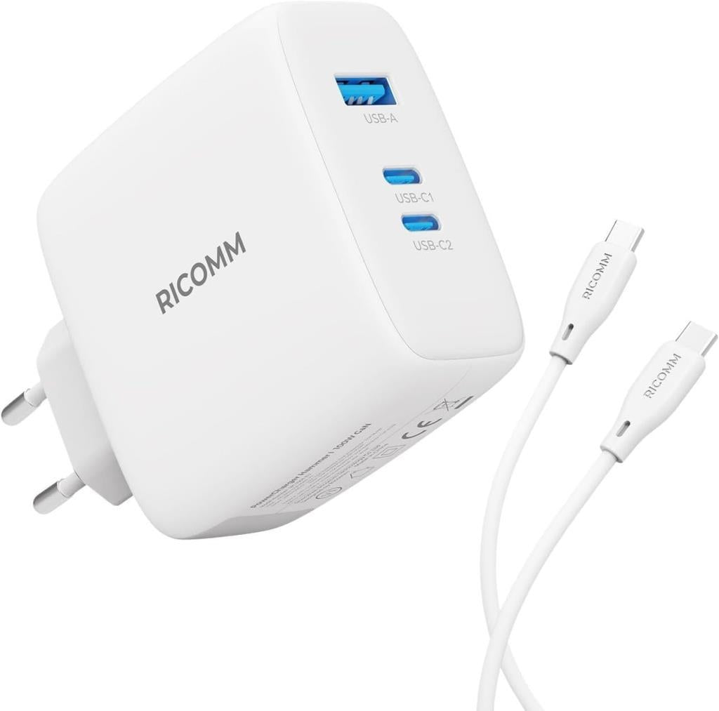 Ricomm 100W GaN 3 Portlu USB-C + USB-A Şarj Aleti QC5.0 PD Type-C Hızlı Şarj Cihazı + 100W Şarj Kablosu Teşhir