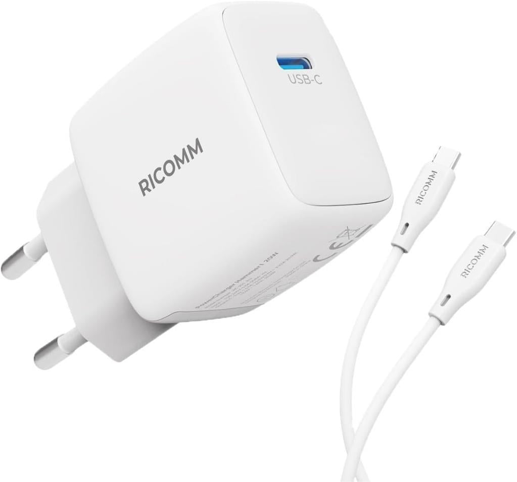 RICOMM 20W GaN USB-C Şarj Aleti QC4.0 PD iPhone, iPad, Samsung, Xiaomi Uyumlu Hızlı Şarj Cihazı + 2 Metre Type-C 60W Şarj Kablosu Teşhir