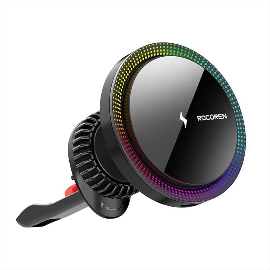 Rocoren 15W Kablosuz Şarj Destekli Magsafe Uyumlu RGB Işıklı Araç içi Telefon Tutucu