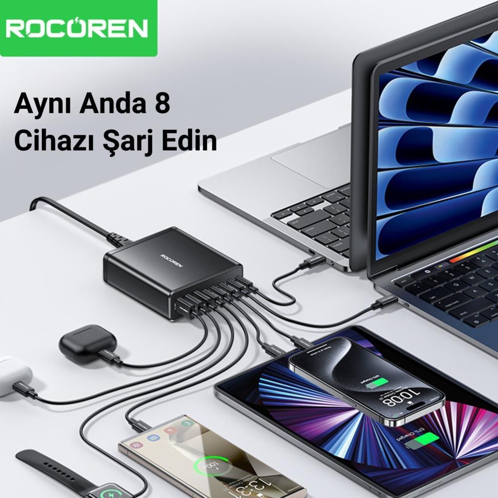 Rocoren 185W 8 Portlu GaN Şarj Cihazı 5x USB-C 3x USB-A Notebook, iPhone ve Samsung Uyumlu Şarj İstasyonu - Outlet