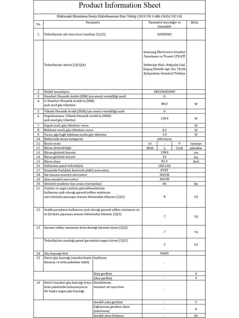 Samsung 55DU8500 4K Ultra HD 55" 140 Ekran Uydu Alıcılı Smart LED TV
