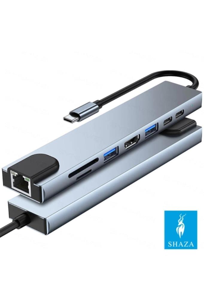 Shaza 8 in 1 USB Type-C Hdmi USB Ethernet PD Girişli Hub Port Adaptör Outlet