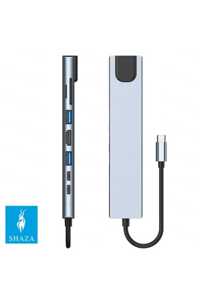 Shaza 8 in 1 USB Type-C Hdmi USB Ethernet PD Girişli Hub Port Adaptör Outlet