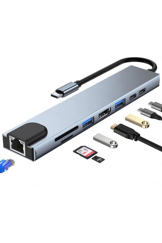 Shaza 8in1 USB Type-C Hub Port Adaptör HDMI USB Ethernet Pd Girişli - TEŞHİR