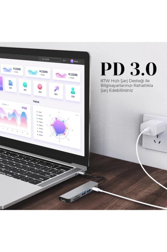 Shaza 8in1 USB Type-C Hub Port Adaptör HDMI USB Ethernet Pd Girişli - TEŞHİR