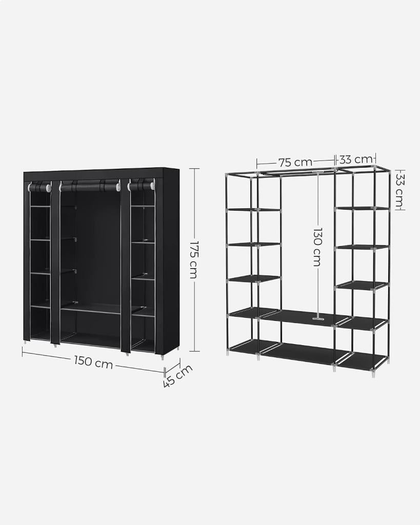 SONGMICS gardırop, kumaş gardırop, dokunmamış kumaş kapaklı, elbise askılı katlanır gardırop, 45 x 150 x 175 cm, 12 raf, metal çerçeve, yatak odası için gardırop, gri LSF03G