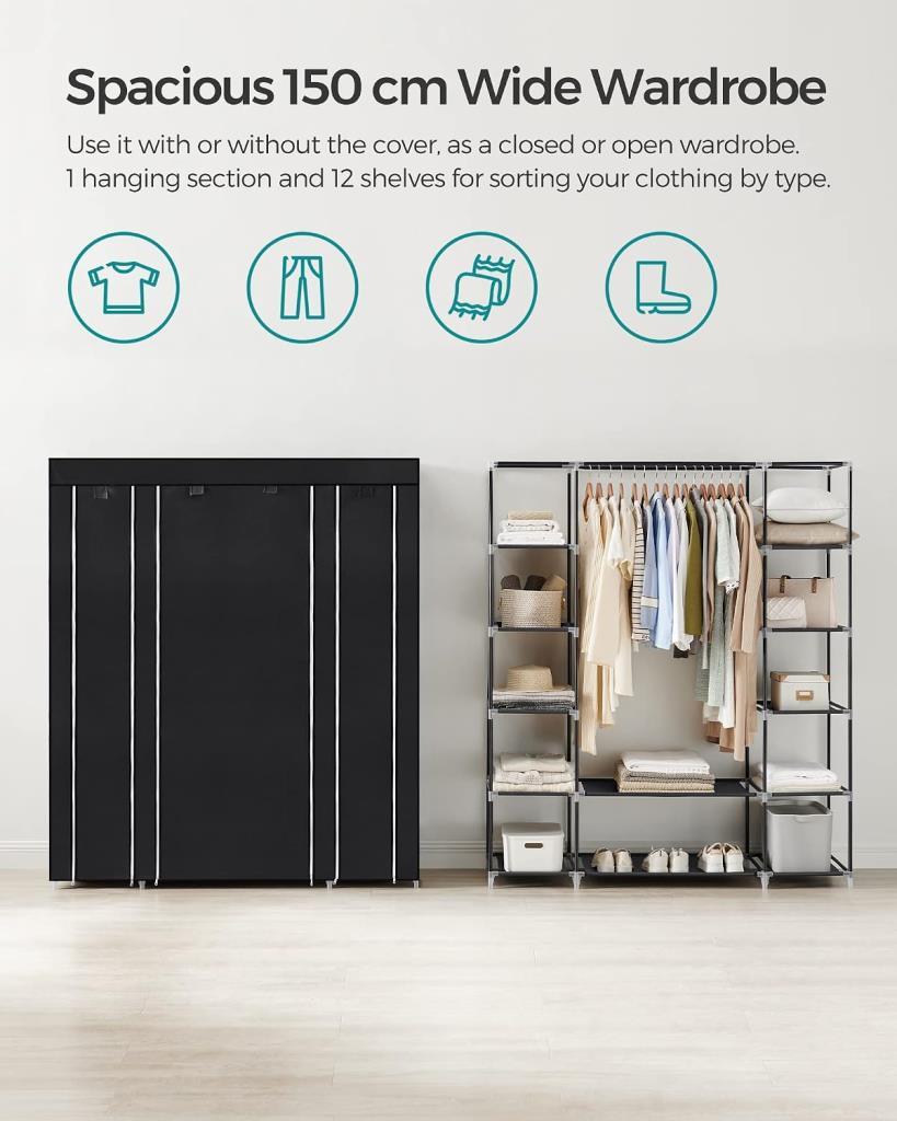 SONGMICS gardırop, kumaş gardırop, dokunmamış kumaş kapaklı, elbise askılı katlanır gardırop, 45 x 150 x 175 cm, 12 raf, metal çerçeve, yatak odası için gardırop, gri LSF03G