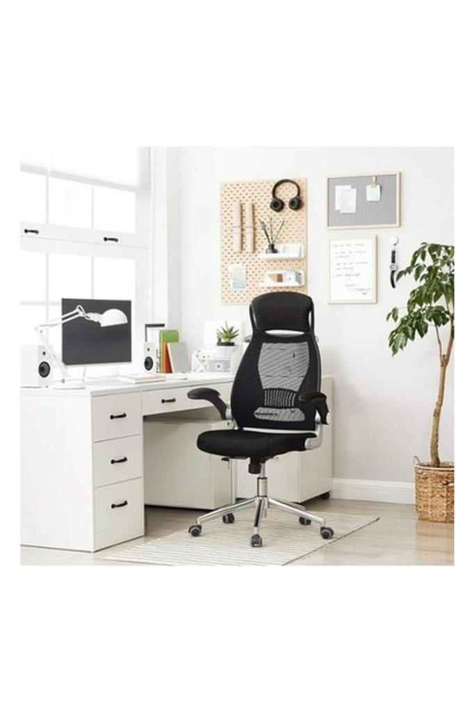 Songmics Ofis Koltuğu, Döner Sandalye, Yönetici Koltuğu, Başlıklı Ofis Döner Koltuğu, Katlanabilir Kolçaklar, Sallanma Fonksiyonu, Siyah Obn86Bk, 64 X 54 X (113-123) Cm Teşhir