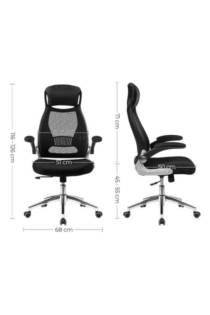 Songmics Ofis Koltuğu, Döner Sandalye, Yönetici Koltuğu, Başlıklı Ofis Döner Koltuğu, Katlanabilir Kolçaklar, Sallanma Fonksiyonu, Siyah Obn86Bk, 64 X 54 X (113-123) Cm Teşhir