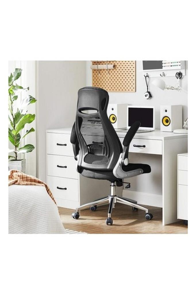 Songmics Ofis Koltuğu, Döner Sandalye, Yönetici Koltuğu, Başlıklı Ofis Döner Koltuğu, Katlanabilir Kolçaklar, Sallanma Fonksiyonu, Siyah Obn86Bk, 64 X 54 X (113-123) Cm Teşhir