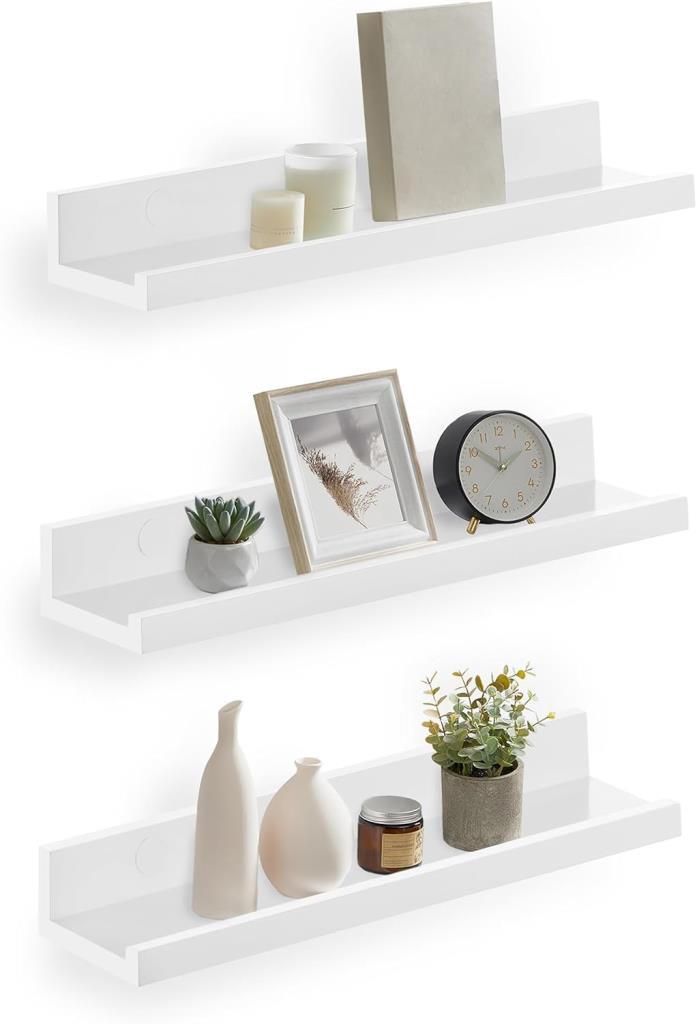 SONGMICS Duvar rafı, 3'lü set, asma raf, 38 cm genişliğinde, fotoğraf çerçevesi ve dekorasyon için raf, oturma odası, çalışma odası, banyo, mutfak için, parlak beyaz LWS38WT