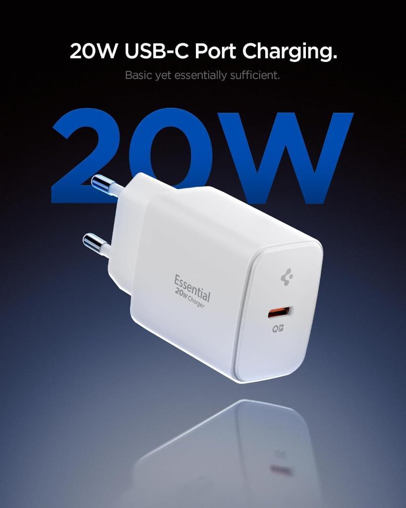 Spigen 20W USB-C Mini Hızlı Şarj Aleti / Şarj Isısını Düşürür GaN Pro Akım Korumalı Güç Adaptörü iPhone & Android & iPad Type-C EE201 Beyaz - ACH08701 - OUTLET