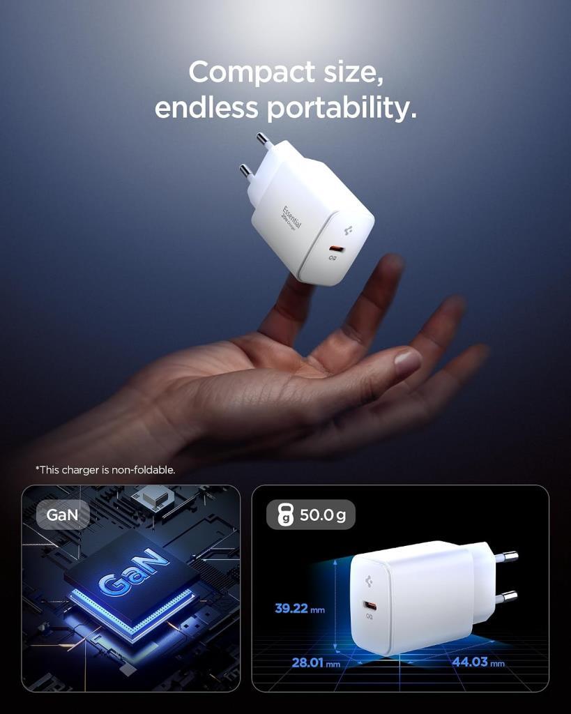 Spigen 20W USB-C Mini Hızlı Şarj Aleti / Şarj Isısını Düşürür GaN Pro Akım Korumalı Güç Adaptörü iPhone & Android & iPad Type-C EE201 Beyaz - ACH08701 - OUTLET