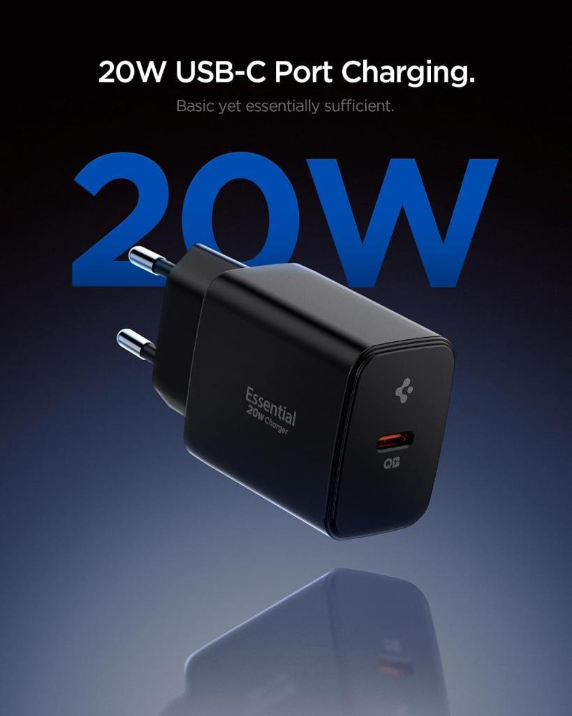 Spigen 20W USB-C Mini Hızlı Şarj Aleti / Şarj Isısını Düşürür GaN Pro Akım Korumalı Güç Adaptörü iPhone & Android & iPad Type-C EE201 Siyah - ACH09217  - Outlet