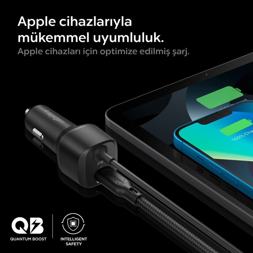 Spigen 47W USB-C 2 Port Araç içi Hızlı Şarj Aleti + Lightning Şarj Kablosu Güç Adaptörü Çakmaklık iPhone & iPad Type-C Black
