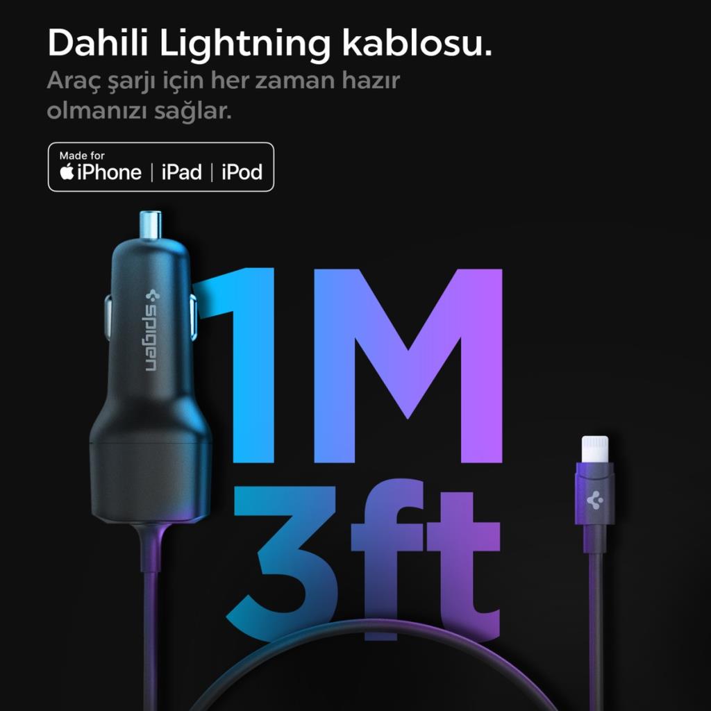 Spigen 47W USB-C 2 Port Araç içi Hızlı Şarj Aleti + Lightning Şarj Kablosu Güç Adaptörü Çakmaklık iPhone & iPad Type-C Black
